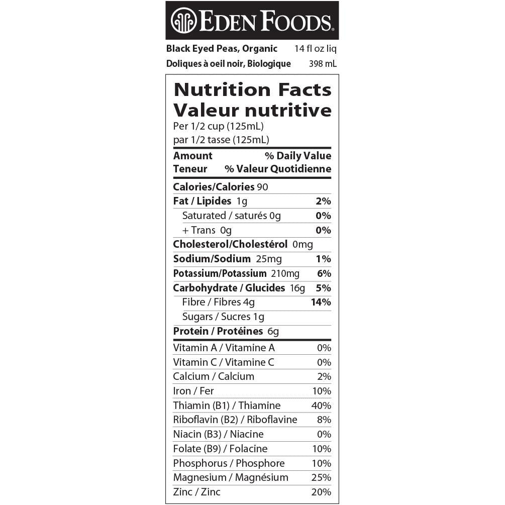EDEN ORGANIC BLACK EYED PEAS NO SALT, 398ML