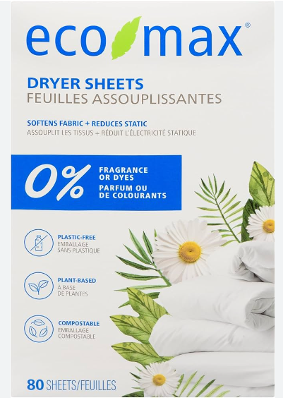ECOMAX DRYER SHEETS FRAGRANCE FREE 80SHEETS