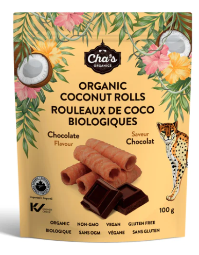 CHA'S ORG COCONUT ROLLS CHOCOL 100G