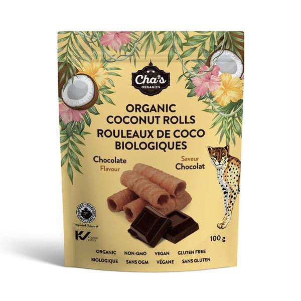 CHA'S ORG COCONUT ROLLS CHOCOL 100G