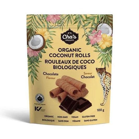 CHA'S ORG COCONUT ROLLS CHOCOL 100G