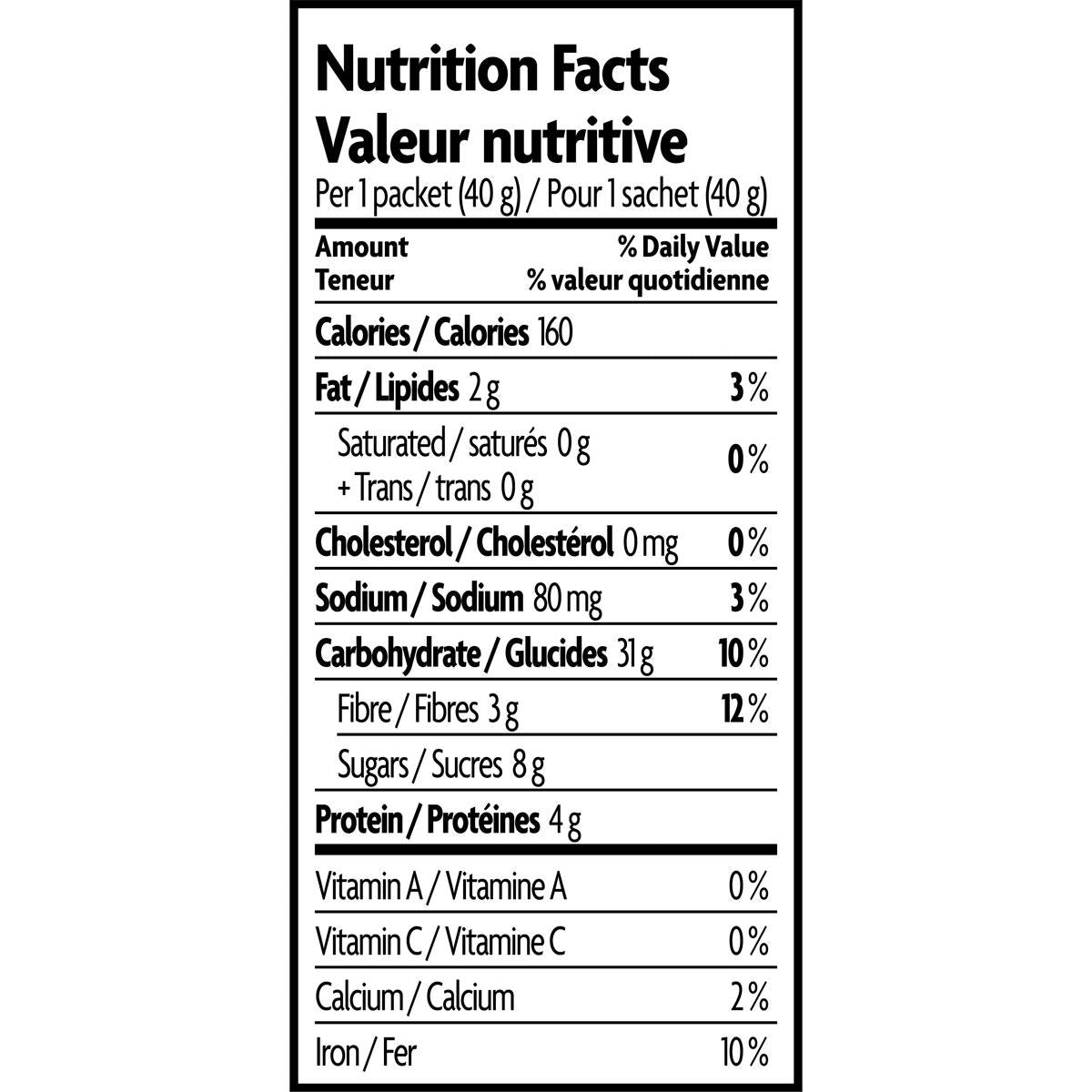 Natures Path Instant Oatmeal Brown Sugar & Maple Nutritional Panel