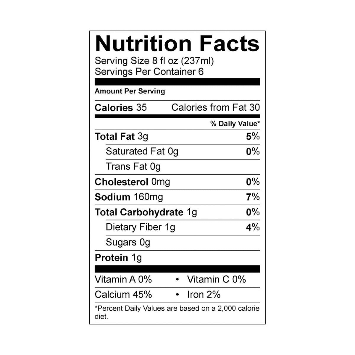 Califia Almond Milk (Unsweetened) Nutritional Panel
