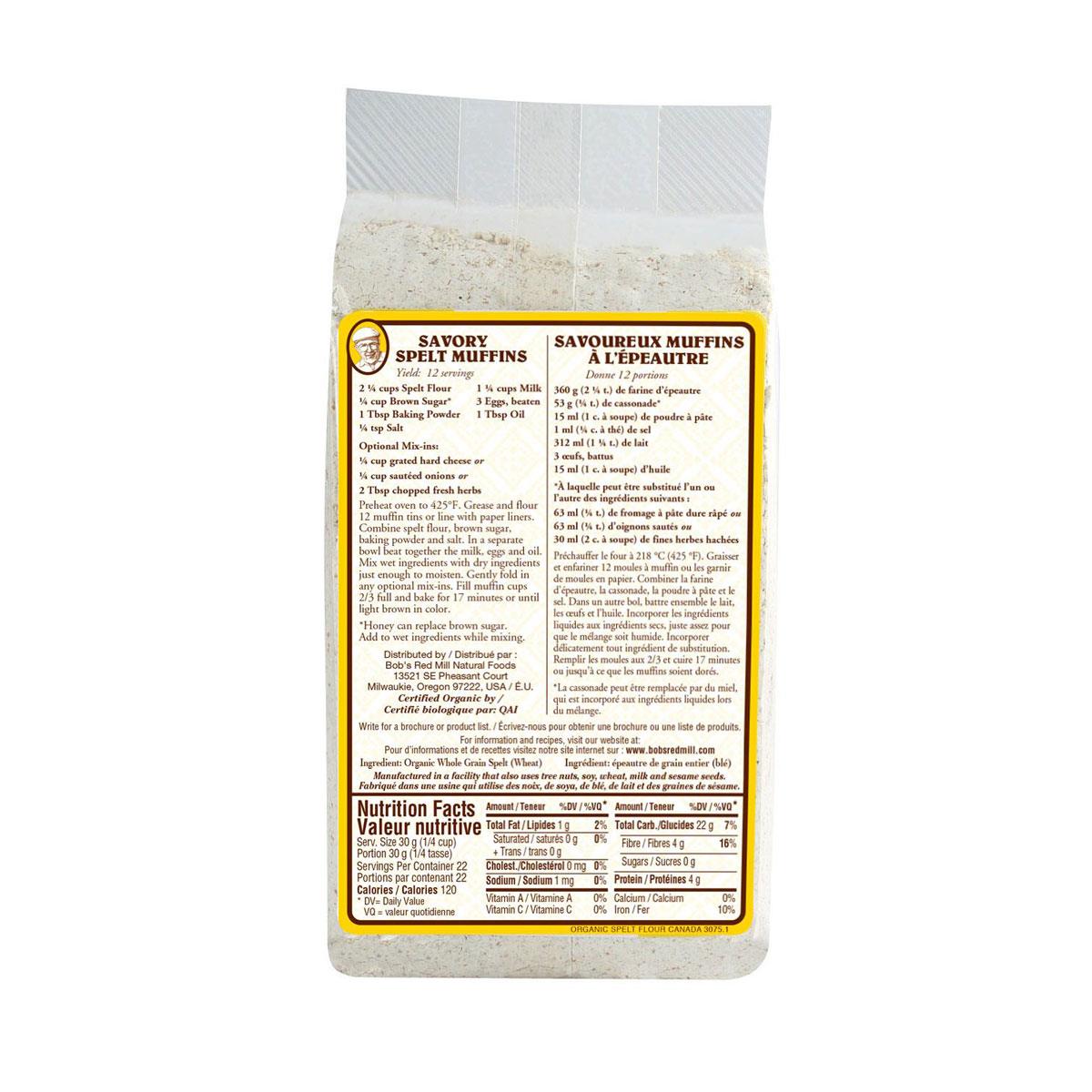 Bob's Red Mill Spelt Flour Nutritional Panel