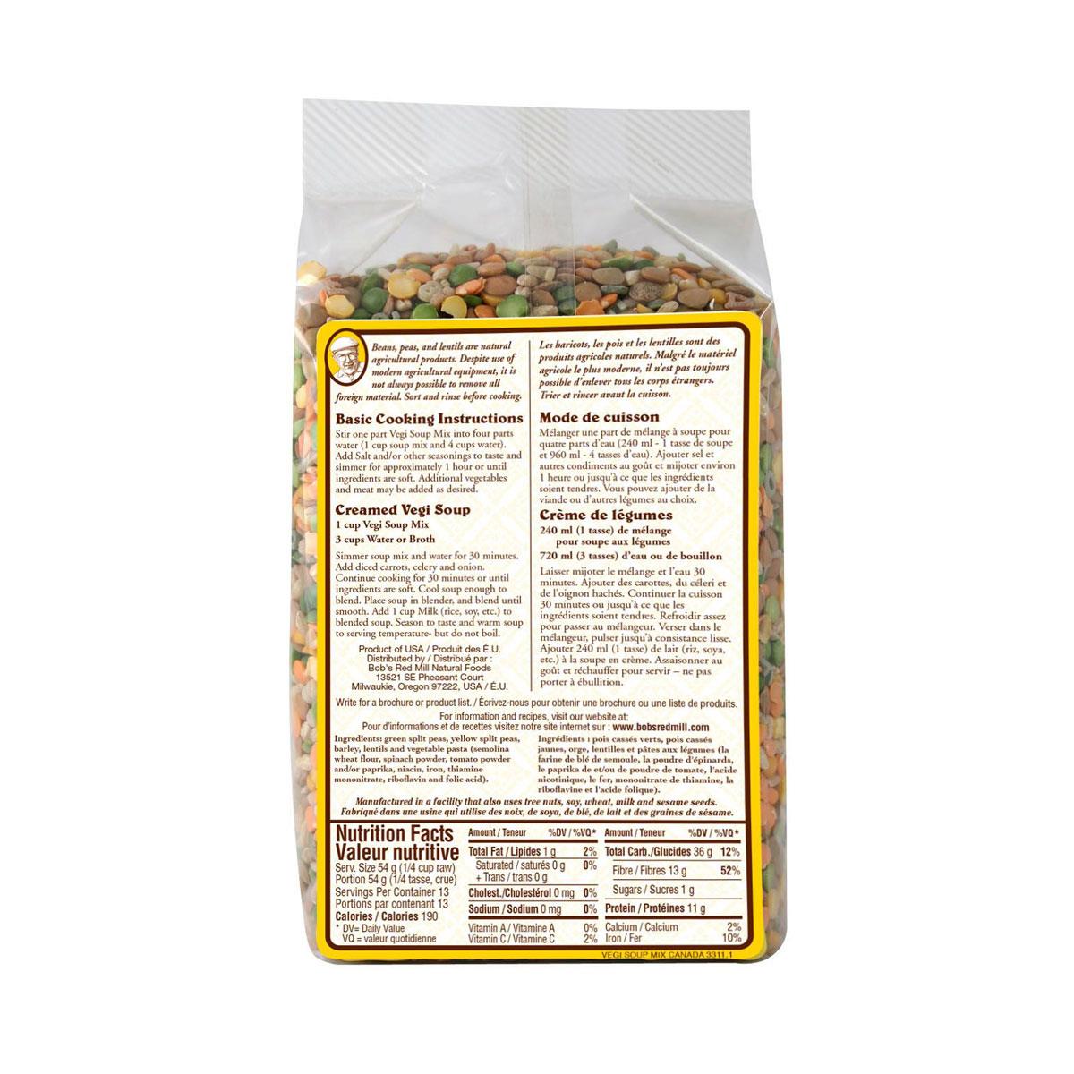 Bob's Red Mill Veggie Soup Mix Nutritional Panel