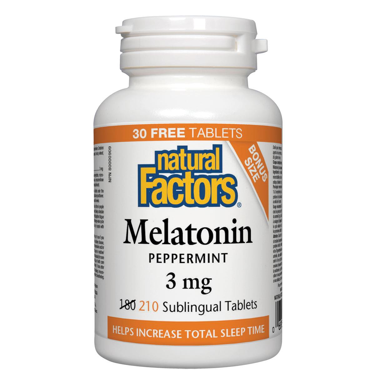 Natural Factors Melatonin 3mg (Peppermint flavour), BONUS (180 + 30 Tabs)