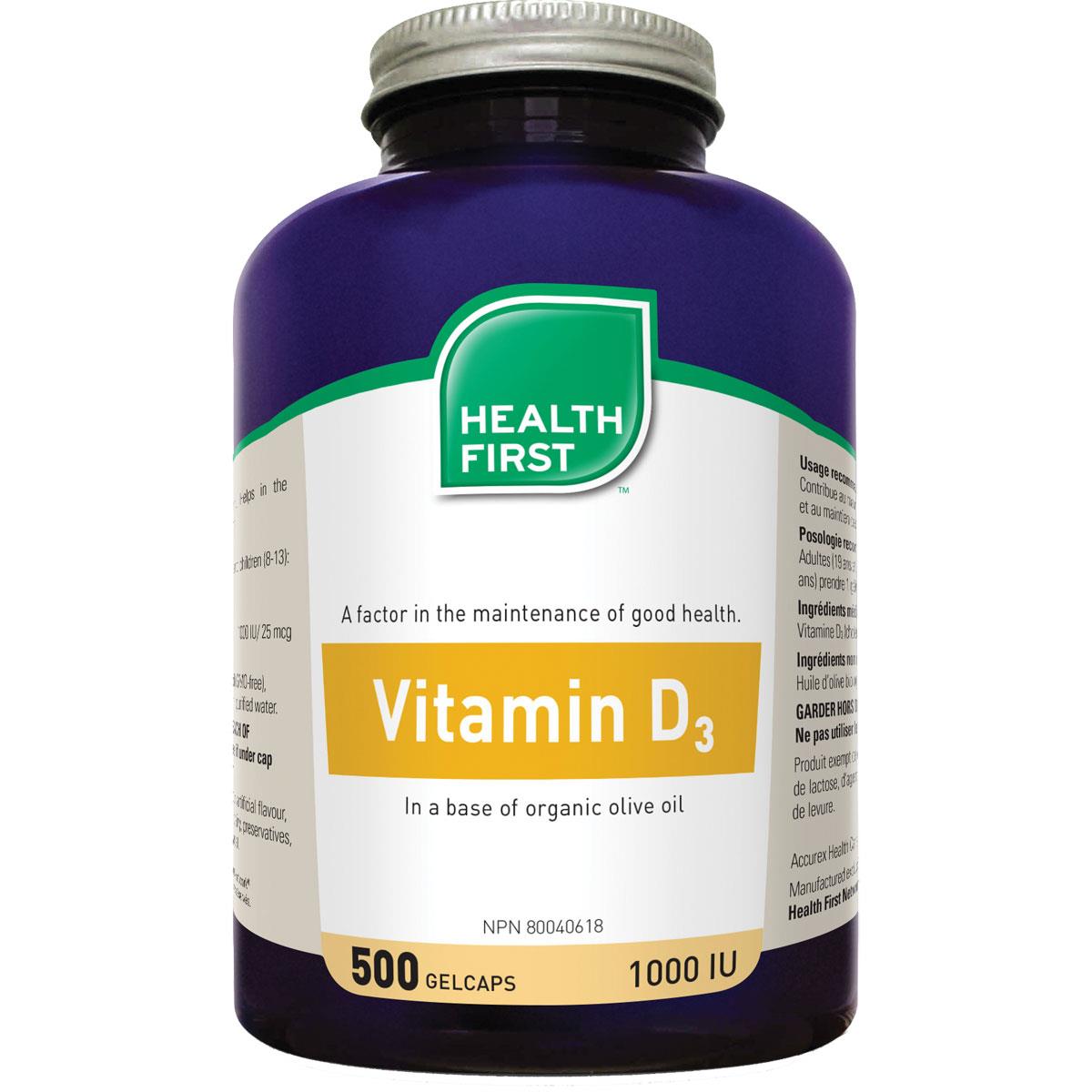 Health First Vitamin D3, 1000IU, 500 Gelcaps