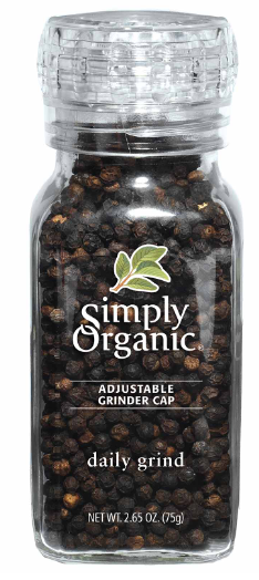 SIMPLY ORGANIC SPICES BLK PEPPERCORNS, 75G with GRINDER
