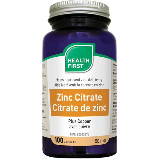 Health First Zinc Citrate Plus Copper, 50mg - 100 Caps - Homegrown Foods, Stony Plain