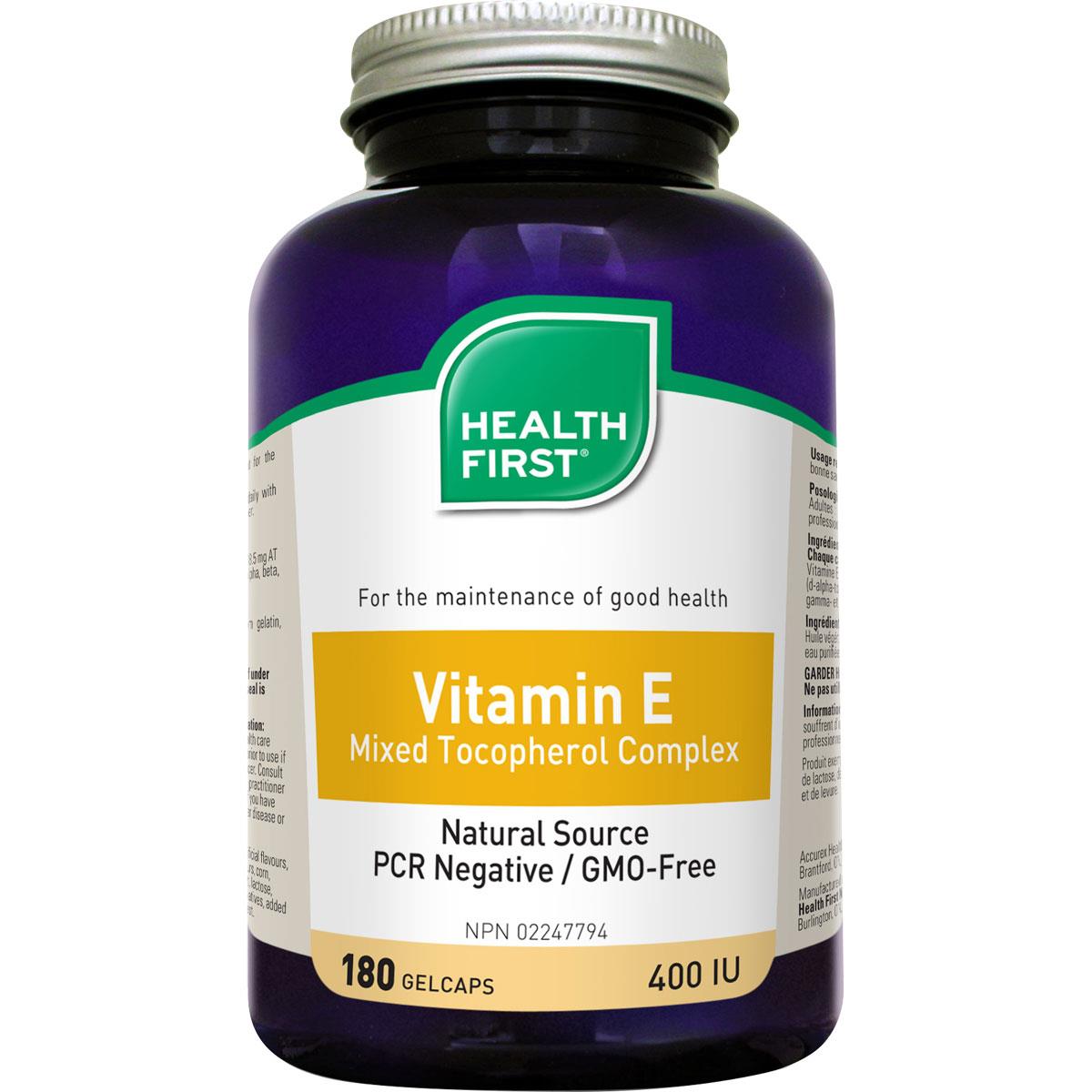 Health First Vitamin E Mixed Tocopherol Complex, 400IU - 180 Gel Caps - Homegrown Foods, Stony Plain