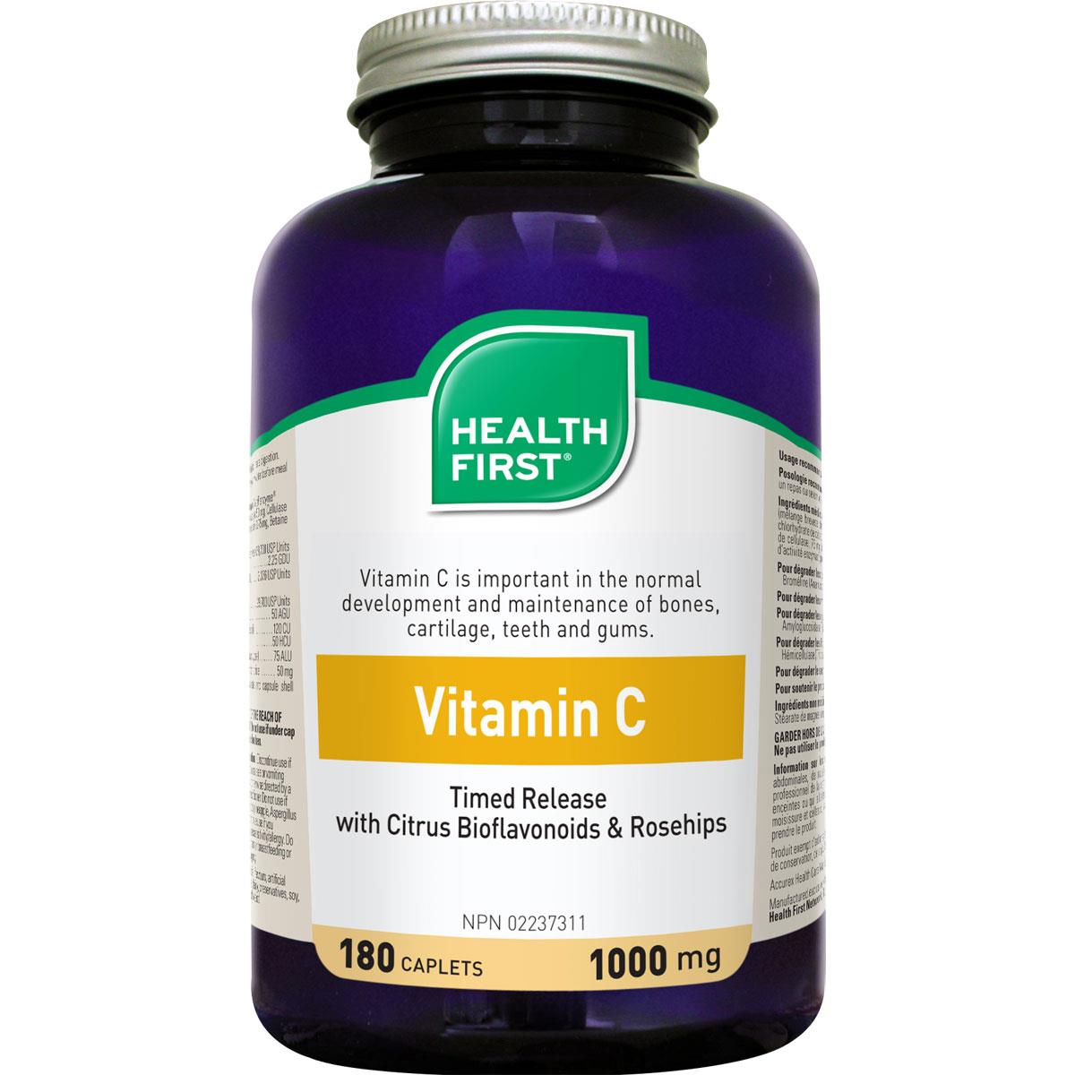Health First Vitamin C with Bioflavonoids & Rosehips, 1000mg - 180 Caps (Timed Release)