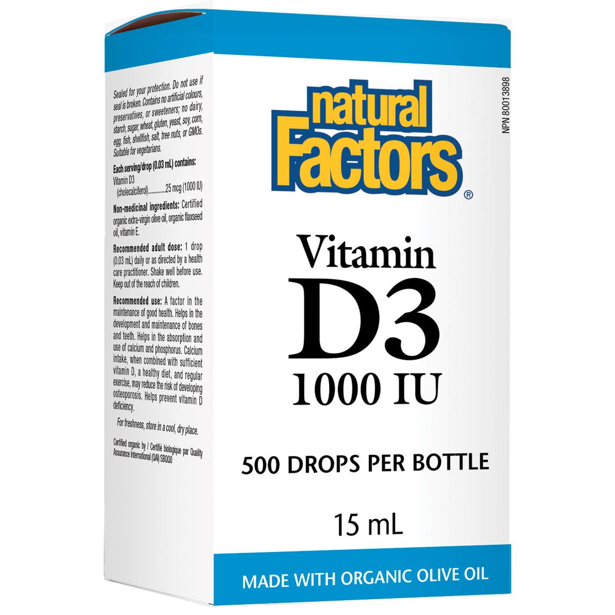 Natural Factors Vitamin D3 1000IU, 15ml (500 drops per bottle)