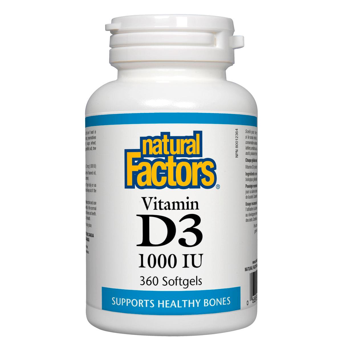 Natural Factors Vitamin D3, 1000IU, 360 Softgels
