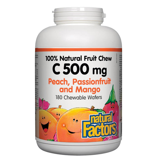 Natural Factors Vitamin C 100% Natural Fruit Chew (Peach, Passionfruit, Mango), 500mg, 180 Chewables