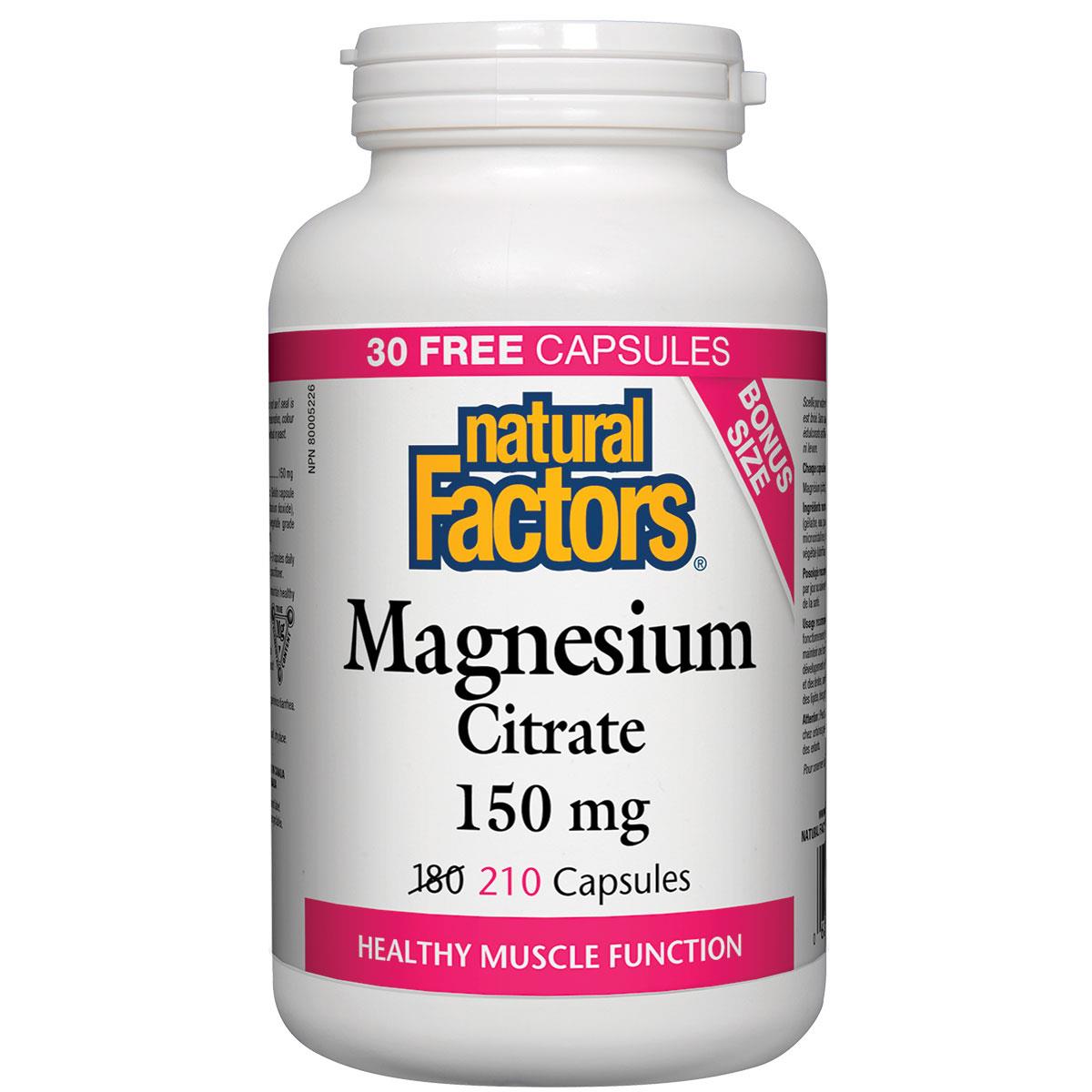 Natural Factors Magnesium Citrate, 150mg BONUS (180 + 30 Capsules)